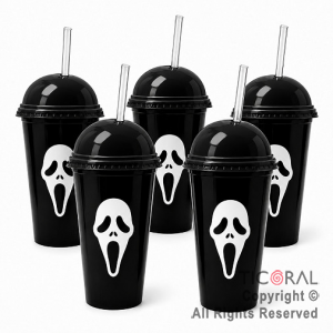 VASO DOMO HALLOWEEN SCREAM NEGRO CON TAPA BLANCA Y SORBETE 400 ML X 5 UNIDADES