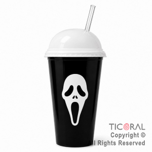 VASO DOMO HALLOWEEN SCREAM NEGRO CON TAPA BLANCA Y SORBETE 400 ML X 5 UNIDADES