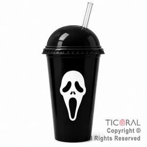 VASO DOMO HALLOWEEN SCREAM NEGRO CON TAPA BLANCA Y SORBETE 400 ML X 5 UNIDADES