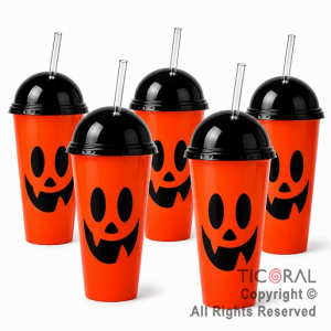 VASO DOMO HALLOWEEN CALABAZA NARANJA CON TAPA NEGRA Y SORBETE 400 ML X 5 UNIDADES