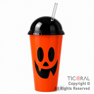 VASO DOMO HALLOWEEN CALABAZA NARANJA CON TAPA NEGRA Y SORBETE 400 ML X 5 UNIDADES
