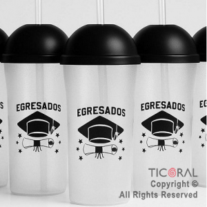 VASO DOMO EGRESADOS CRISTAL CON GIBRE CON TAPA NEGRA Y SORBETE 400 ML x 5