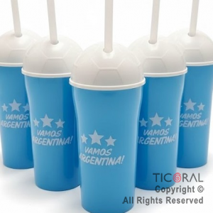 VASO DOMO VAMOS ARGENTINA CELESTE CON TAPA BLANCA  Y SORBETE 400 ML x 5