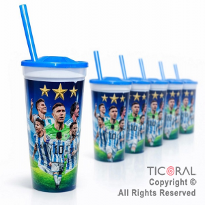 VASO DOMO CAMPEONES DEL MUNDO  CON TAPA  AZUL Y SORBETE 500 ML x 5