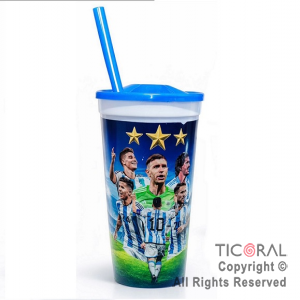 VASO DOMO CAMPEONES DEL MUNDO  CON TAPA  AZUL Y SORBETE 500 ML x 5