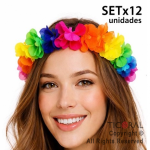 VINCHA HAWAIANA FLORES TELA MULTICOLOR x 12