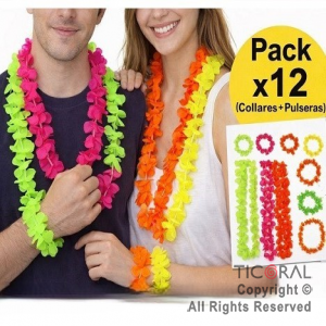 SET HAWAIANO FLORES FLUO VINCHA COLLAR Y PULSERAS COLORES SURTIDOS PACK X 12