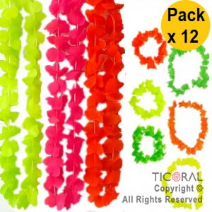 SET HAWAIANO FLORES FLUO VINCHA COLLAR Y PULSERAS COLORES SURTIDOS PACK X 12