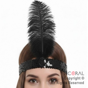 VINCHA CHARLESTON LENTEJUELAS CON PLUMA PREMIUM NEGRO x 1