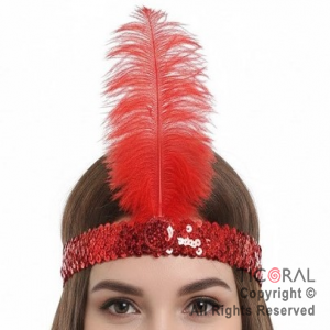 VINCHA CHARLESTON LENTEJUELAS CON PLUMA PREMIUM ROJO x 1