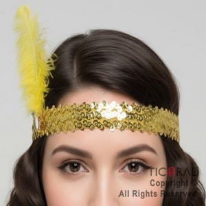 VINCHA CHARLESTON LENTEJUELAS CON PLUMA ORO x 1