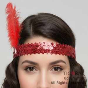 VINCHA CHARLESTON LENTEJUELAS CON PLUMA ROJO x 1