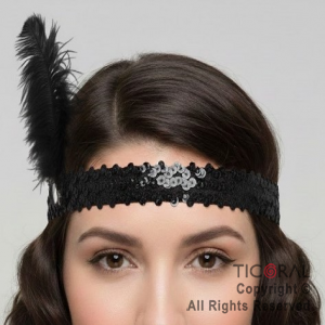 VINCHA CHARLESTON LENTEJUELAS CON PLUMA NEGRO x 1
