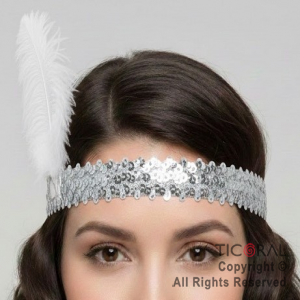 VINCHA CHARLESTON LENTEJUELAS CON PLUMA BLANCO x 1