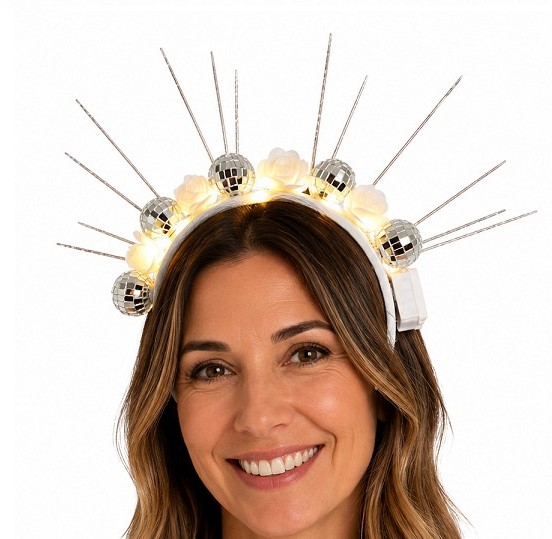 Vincha disco luminosa con flores blancas x 1