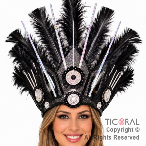 VINCHA TOCADO HOJA PLUMAS NEGRO DECO PLATA