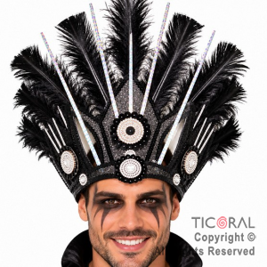 VINCHA TOCADO HOJA PLUMAS NEGRO DECO PLATA