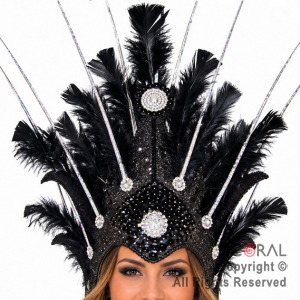 VINCHA TOCADO ESPADA PLUMAS NEGRO DECO PLATA