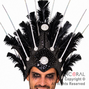 VINCHA TOCADO ESPADA PLUMAS NEGRO DECO PLATA