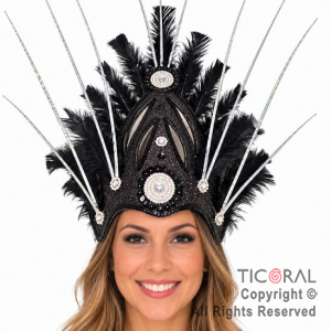 VINCHA TOCADO CIELO PLUMAS NEGRO DECO PLATA