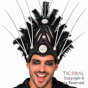 VINCHA TOCADO CIELO PLUMAS NEGRO DECO PLATA