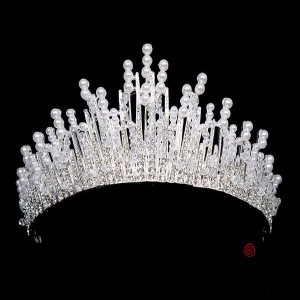 TIARA CORONA METAL PLATA CON STRASS Y PERLAS X 1